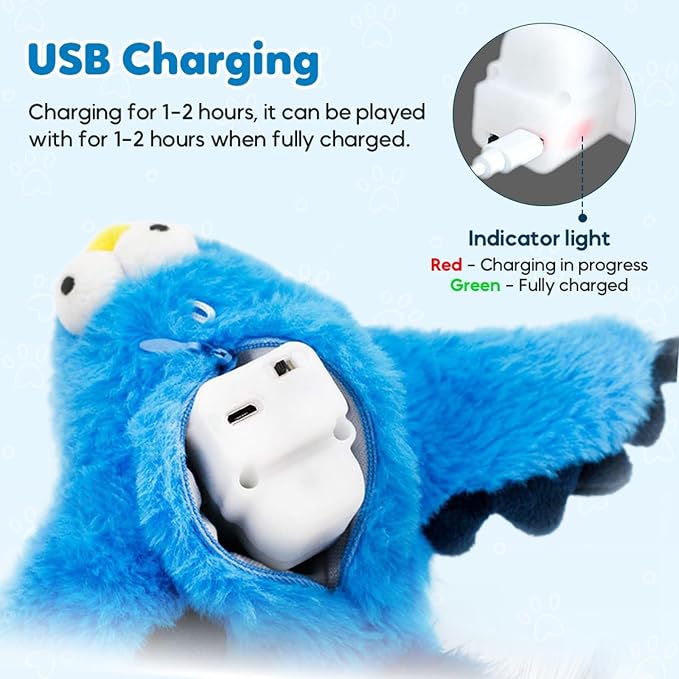 Interactive Chirping Bird Cat Toys with Flapping Wings,No Flying Birds Cats Toy, Flying Simulation Electric Sparrow Shaking Hunting Pet Toy for Indoor (Blue Ugly)