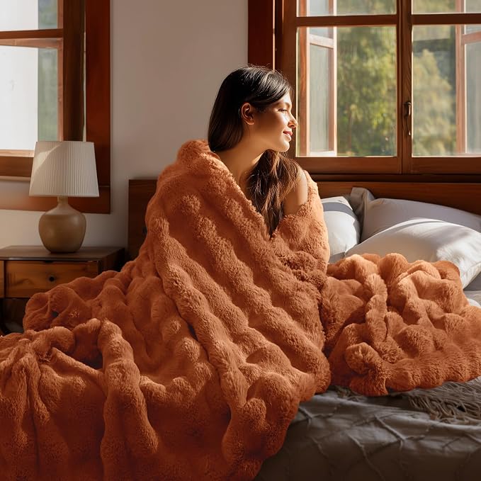 BEDELITE Faux Fur Throw Bubble Blanket for Couch, 50" x 60", Burnt Orange | 870GSM Soft Cozy Plush Blanket for Sofa & Bed Living Room Decor, Warm Fuzzy Faux Rabbit Fur for Women Gift, All Season Use