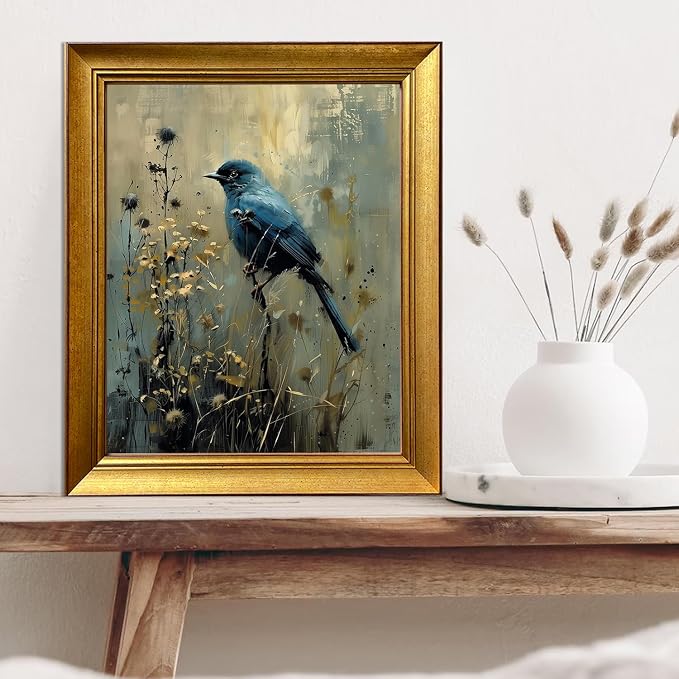 Vintage Blue Bird Canvas Print Gold Framed Wall Decor Dark Cottage Core Farmhouse Wall Art Academia Gothic Aesthetic Moody Botanical Woodland Oil Painting Artworks for Bedroom Living Room Decor