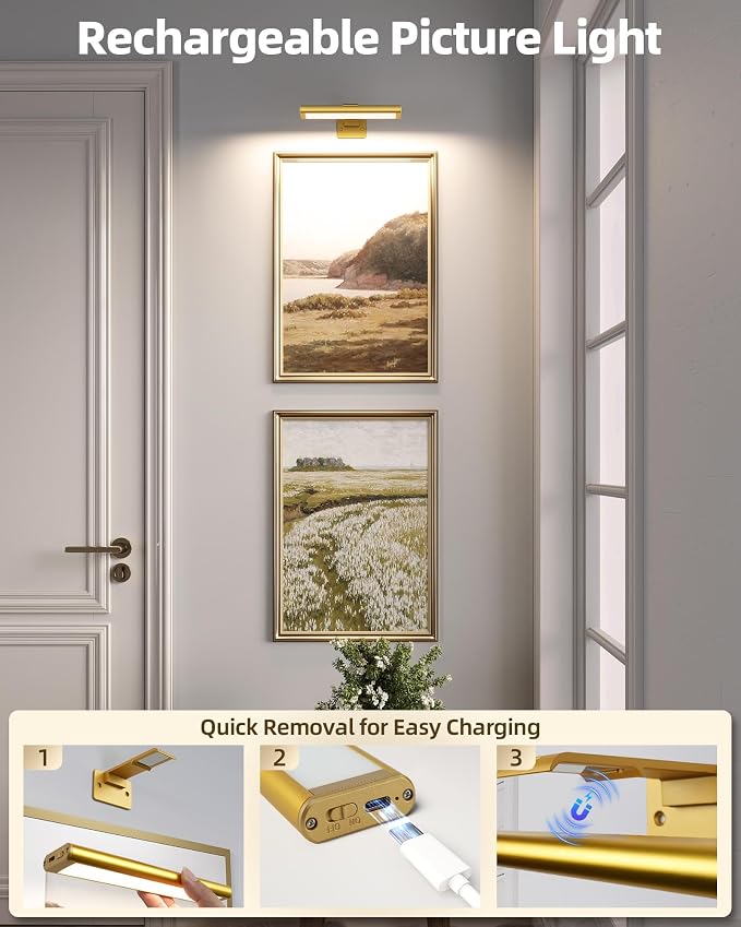 EZVALO Picture Light for Wall, Rechargeable 2400mAh Gold Lights Wireless with IR Remote, 3 Color & Dimmable Magnetic 7.87'' LED Lights Display for Painting, Living Room, Gallery, Bedroom Art(3P)