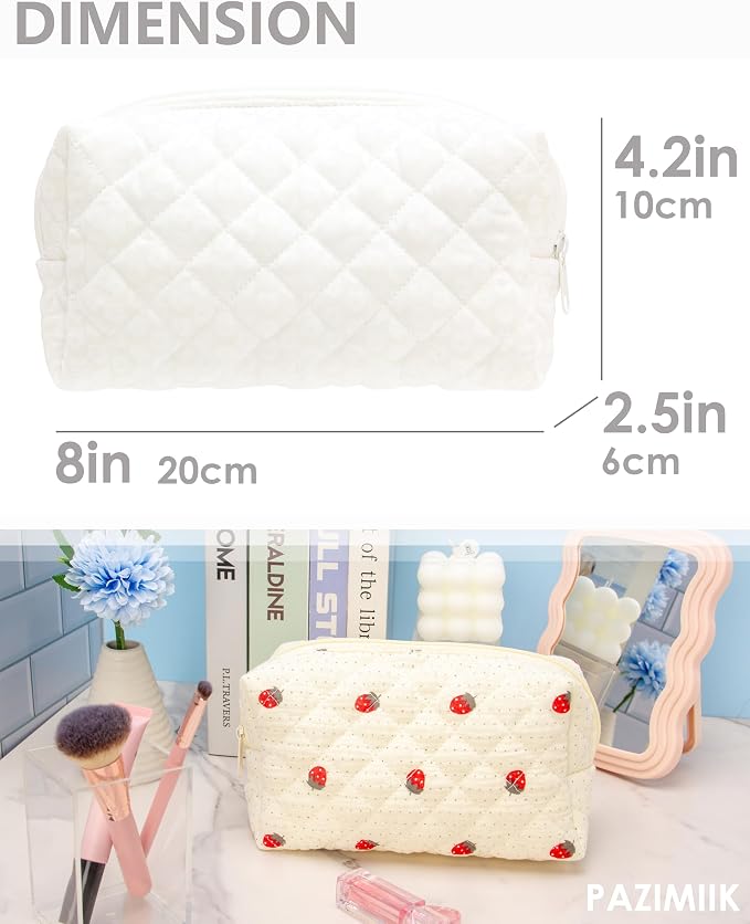 PAZIMIIK Small Quilted Makeup Bag,Zipper Cosmetic Pouch,White Floral | Lightweight Cosmetic Bag Organizer for Women,Purse Storage Holds Makeup,Toiletries,Skincare,Beauty Essentials,Travel Items