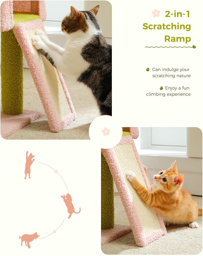 Flower Cat Tree 47.2" Multi-Level Cat Tower with Sisal Covered Scratching Posts, Cute Cat Condo for Indoor Small Medium Cats, Pink Top Perch, Fluffy Ball, Pink | Multi-level layout, Sisal-wrapped posts, Pink flower perch, Fluffy ball toy, Cozy condo, F...