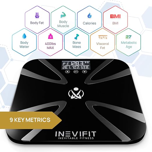 INEVIFIT Body Fat Scale, Highly Accurate Digital Bathroom Body Composition Analyzer, Measures Weight, Body Fat, Water, Muscle, BMI, Visceral Levels & Bone Mass for 10 Users. Includes Batteries