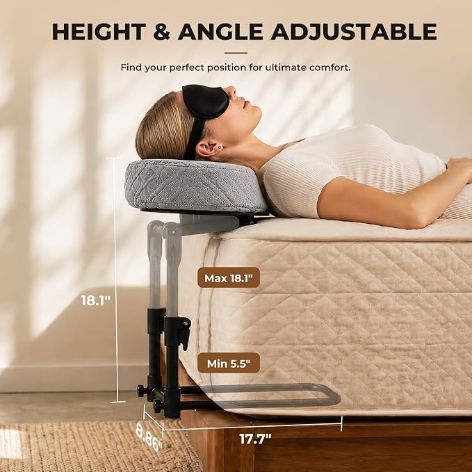 Freebody Upgraded Massage Headrest for Bed with Armrest Shelf & Breast Pillow, Adjustable Massage Face Cradle at Home,18" Height Massage Head Holder for Sleeping Mattress, Classic Grey