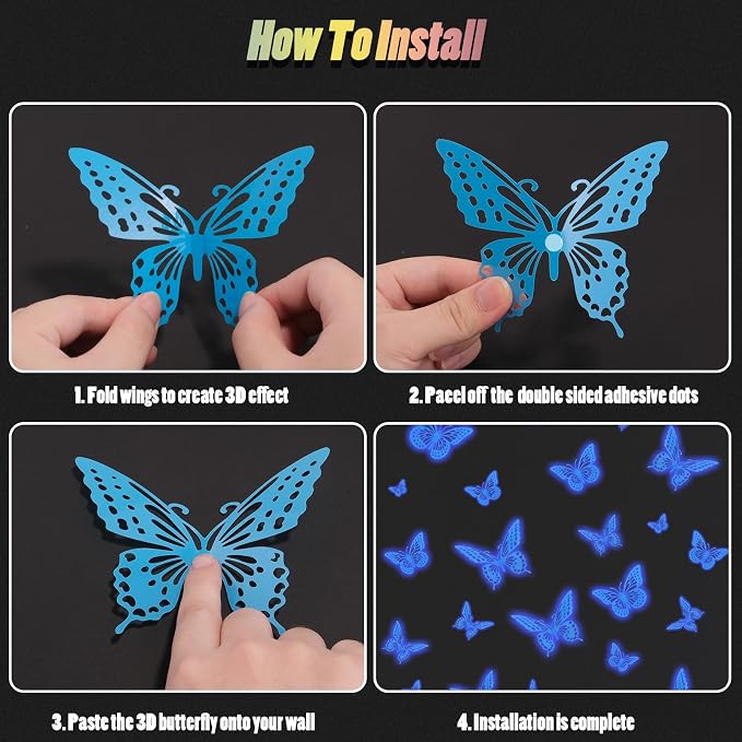 SAOROPEB Glow in The Dark 3D Butterfly 24 Pcs Blue Butterfly Stickers | 3 Sizes, Luminous for Ceiling or Wall, Glow in The Dark Party Supplies, Removable Luminous Stickers for Kids Babys Nursery
