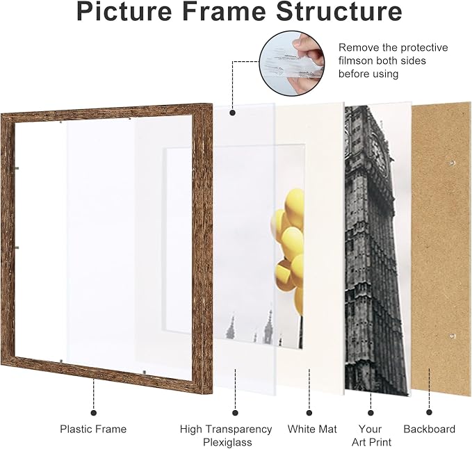 12x12 Picture Frame Set of 9, Display Pictures 8x8 with Mat or 12x12 without Mat, Multi Collage Gallery Square Photo Frames for Wall or Tabletop,Distressed Brown