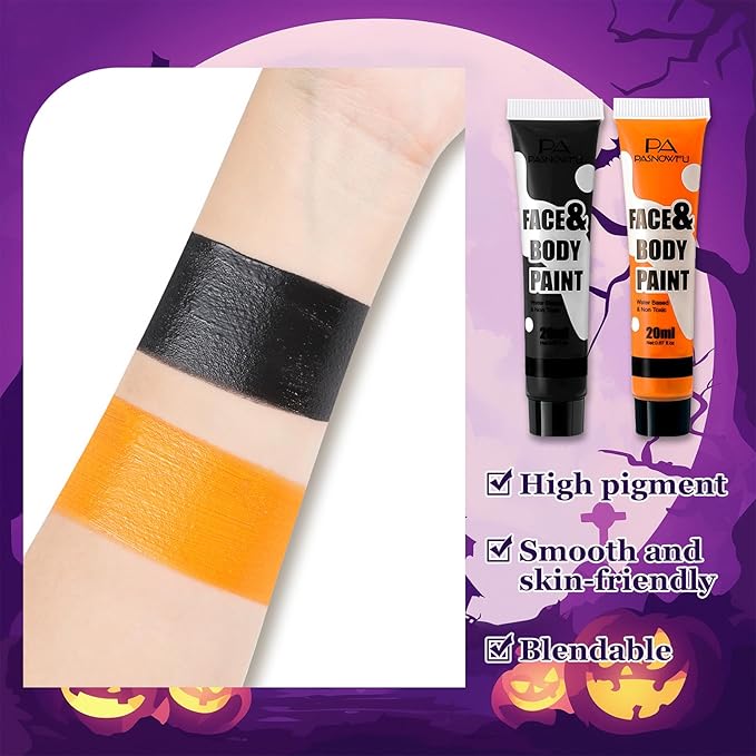 Black and Orange Face Paint - Water-Based Non-Toxic Face Body Paint Kit for Pumpkin Tiger Makeup, Cream Formula face painting for Halloween Cosplay SFX Makeup，Costume Parties