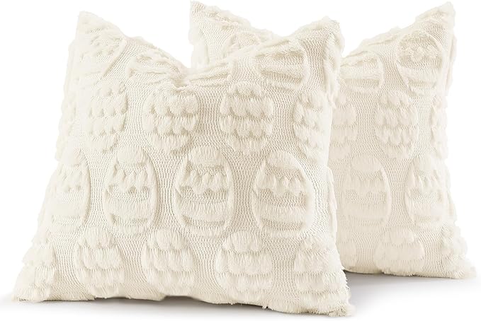 decorUhome Cream White Faux Fur Egg Throw Pillow Covers 18x18 Set of 2 | Plush Soft Wool Jacquard Cream White Cushion Covers, Modern Farmhouse Easter Holiday Decor Pillow Covers for Couch Sofa Bed