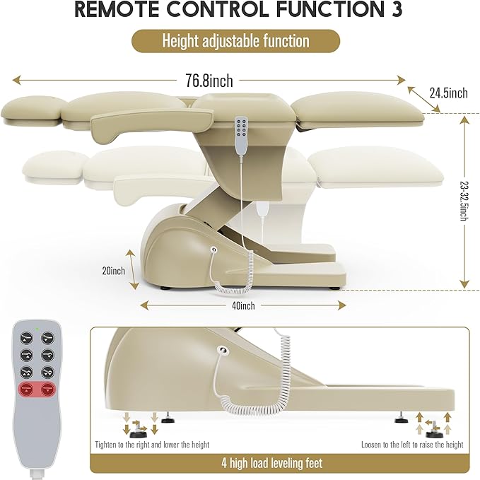 3 Motor Electric Chair/Bed, Aluminum Hydraulic System for Medical Treatment Exam, Facial, Spa, Eyelash, Tattoo, Podiatry Treatment Beauty Massage, Hand Remote Controlled Adjustable - Beige Gray