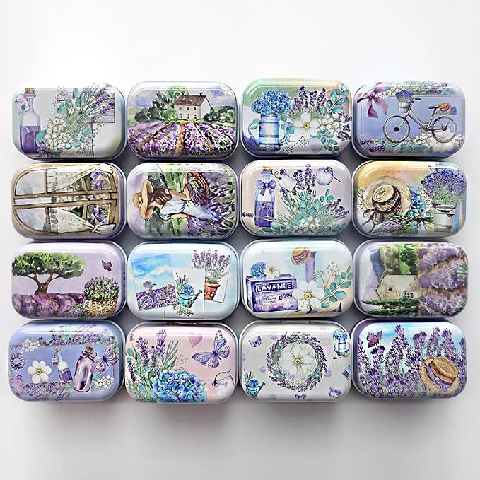 8Pcs Metal Hinged Tin Box Container Floral Farmhouse Rustic Mini Portable Small Storage Container Kit with Lid for Home Storage 2.1x1.5x1 Inch (Purple)