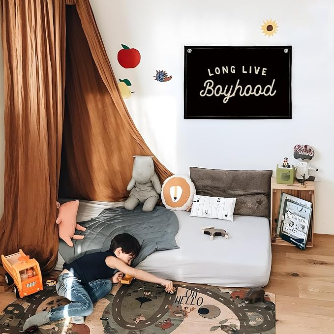 Long Live Boyhood Banner Boy Room Decor, Black Banner Flag Nursery Playroom Wall Decor for Bedroom Living Room Dorm Toddler Decorations Teen Boy Room Decor for kid banner Wall Hanging Linen Flag 30x20