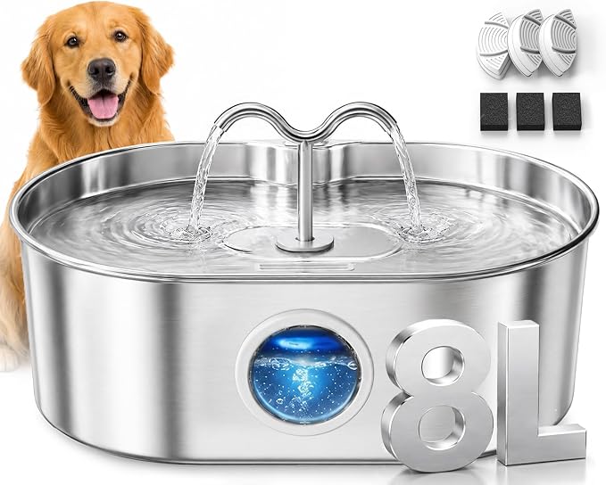 8L/270oz/2Gallon Stainless Steel Dog Water Fountain Pet Fountain | Automatic Pet Water Dispenser - Self-Designed Filtration System - Ultra-Quiet Pump - Easy Cleaning & Maintenance (3 Filters)