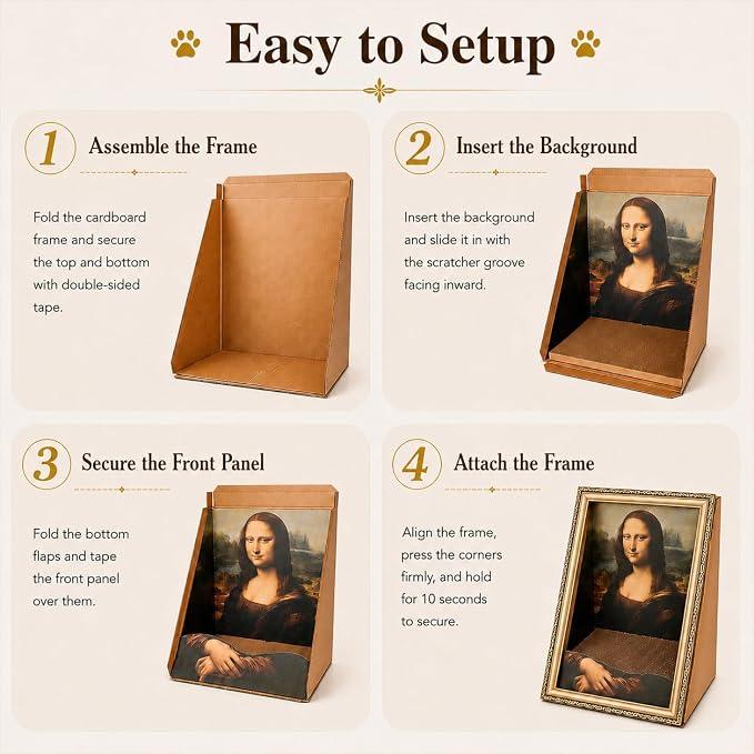 Mona Lisa Cat Bed 3-in-1 Cardboard Cat House with Scratching Pad & Cozy Hideout, Artistic Cat Furniture for Indoor Cats, Decorative Cat Condo for Home Décor Easy Setup, Novelty Gift for Cat Lovers