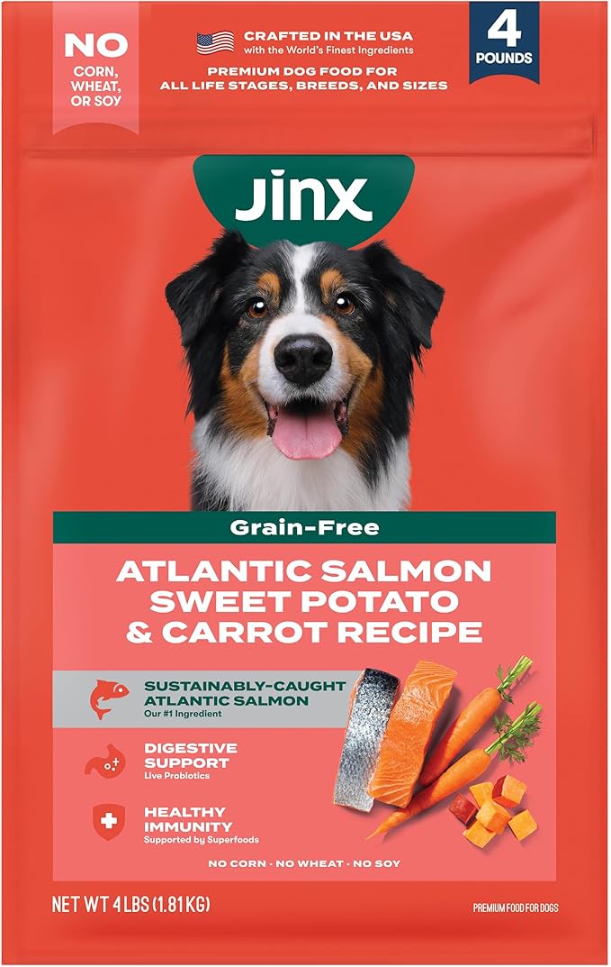 Jinx Grain Free Dry Dog Food - Real Salmon, Sweet Potato & Carrot, 4lb | Premium Kibble for Digestive Support & Healthy Immunity - No Fillers, All Lifestages (Puppy, Adult & Senior), Breeds & Sizes