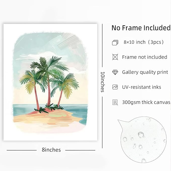 Beach Nursery Poster, Set of 6 Ocean Kids Wall Art Watercolor Summer Surf Wall Decor Beachy Boys Room Decor Funny Teen Coastal Surfboard Canvas Prints Aesthetic Unframed 8x10 inch