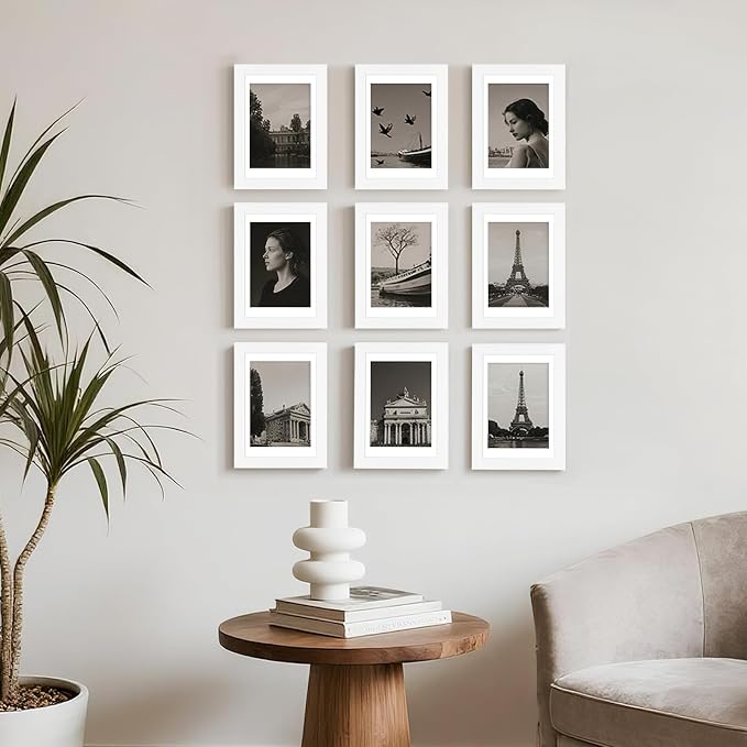 4x6 Picture Frame Set of 9, Display Pictures 3.5x5 with Mat or 4x6 without Mat, Multi Collage Gallery Square Photo Frames for Wall or Tabletop, White