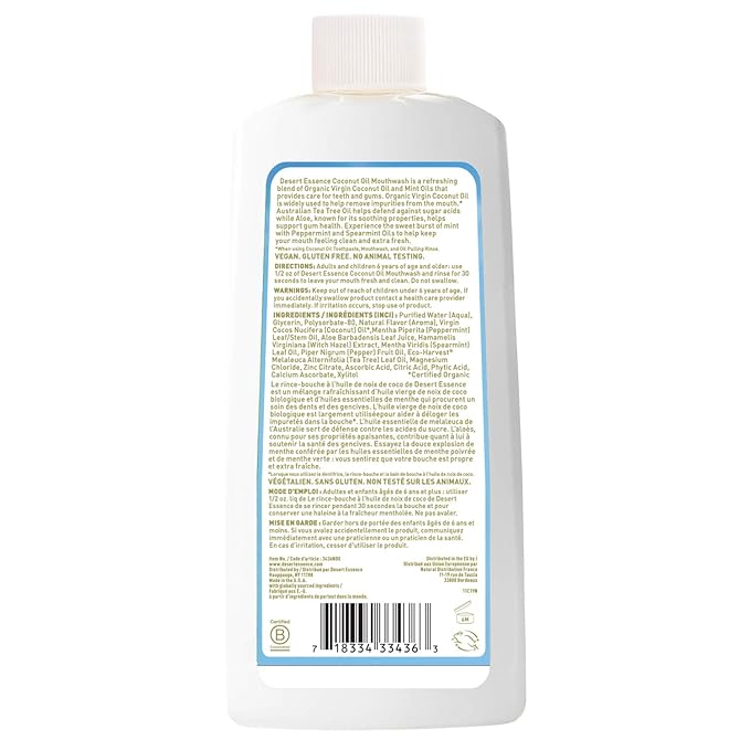 Desert Essence Coconut Oil Mouthwash- Alcohol & Sugar-Free - Coconut Oil & Tea Tree Oil Mouthwash for Adults & Kids 6+ - Promotes Gum Health, Fresh Breath, Soothing