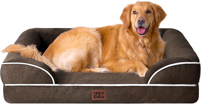 EHEYCIGA Orthopedic Extra Large Dog Bed, Waterproof Washable XL Pet Bed 44" | Non-Slip Bottom and Egg-Crate Memory Foam Big Dog Couch Bed with Washable Removable Cover, Brown, 44Inch