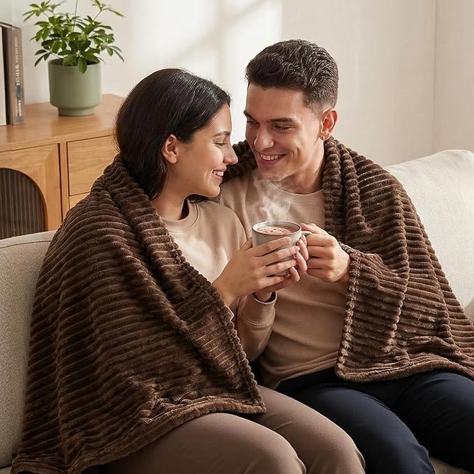 Vessia Flannel Fleece Throw Blanket(50X70 Inch), 300GSM Cozy Brown Stripe Throw for Couch, Sofa and Bed, Warm and Soft Chocolate Microfiber Ribbed Blanket for All Season