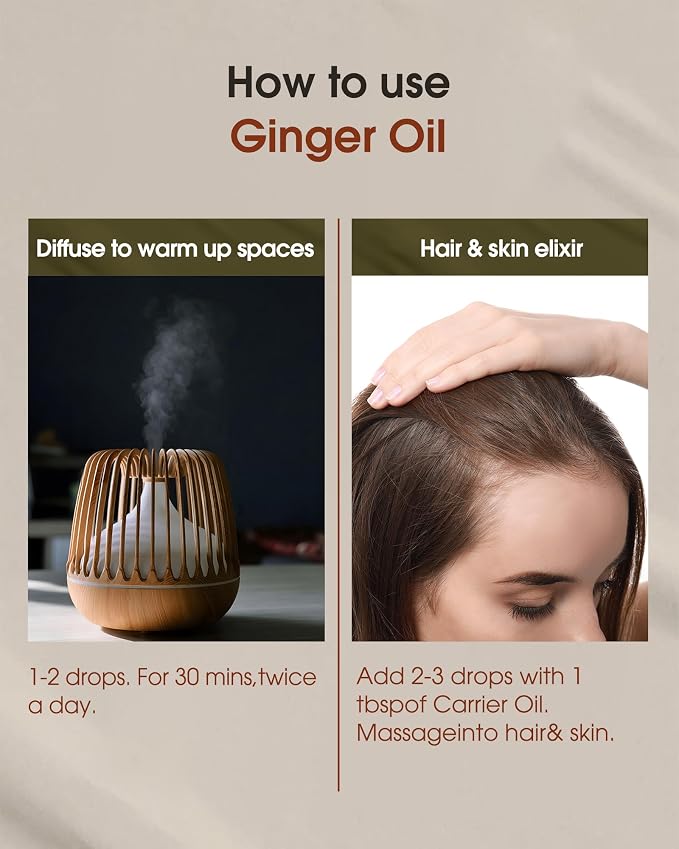 Ginger Root Essential Oil - 10 mL (1/3 oz) - Pure, Natural, Therapeutic Grade - for Diffuser, Massage, Skin & Hair Care - Warm and Spicy Aroma