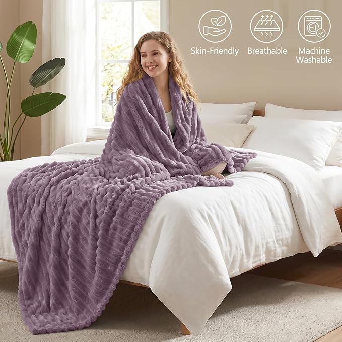 Dusty Purple Twin Blanket for Bed & Couch, 60 x 80 Inch | 300GSM Ribbed Fleece Blanket, Soft, Cozy & Lightweight, OEKO-TEX Certified, All-Season Use for Travel, Dorm & Home Decor