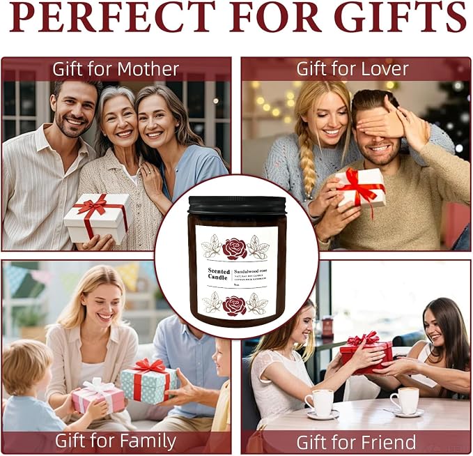 Coniol Natural Sandalwood Rose Scented Candle for Home - Rich & Warm Aromatherapy for Home Relaxation, Holiday Decor & Stress Relief, Premium Soy Wax for Family Coziness