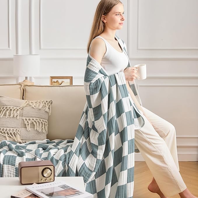 EMME Cooling Muslin Twin XL Blanket - Checkered Lightweight Summer Cotton Blankets of Rayon Derived from Bamboo for Hot Sleepers, Ultra Soft Breathable All Season Gauze