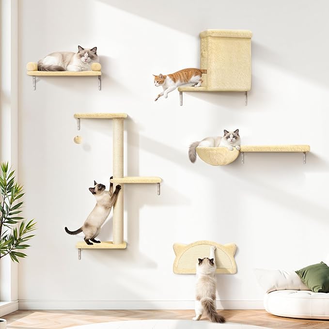5-in-1 Cat Wall Shelves, Solid Wood Cat Wall Furniture Set for Indoor Cats | 44 lb per Shelf, 72-Hour Load Tested, Pre-Drilled, Fits 16 in. Stud Drywall & Solid Walls, for Small to Medium Cats