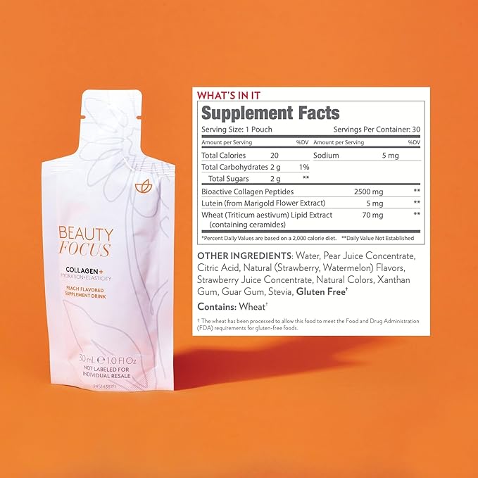 Nu Skin Beauty Focus Collagen+ | Marine Collagen Liquid Supplement with Lutein & Wheat Lipids | Supports Skin Hydration, Elasticity & Smooth Appearance | 30 Pouches | Strawberry