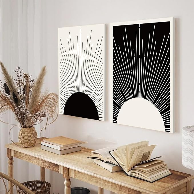 Hwetui Framed Boho Sun Wall Art Set of 2 Black and White Minimalist Sunrise Canvas Prints Abstract Sunshine Painting Geometric Line Pictures Home Decor for Living Room Bedroom Bathroom 12x16in
