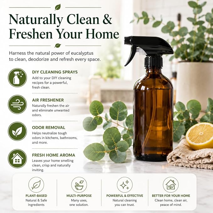 GreenHealth Eucalyptus Essential Oil – 2 Pack (4 fl oz Each) – 100% Pure & Natural – Aromatherapy Oil for Diffuser, Cleaning, and Home Fragrance – Amber Glass Bottle with Glass Dropper