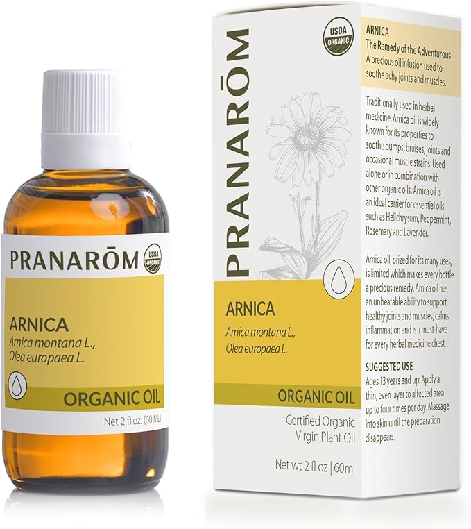 Pranarom - 4 Pack - USDA Certified Organic French Arnica Virgin Plant Oil - 2 fl oz Glass Bottle - Massage Oil for Body, Relaxing, Soothing for Joints & Muscles