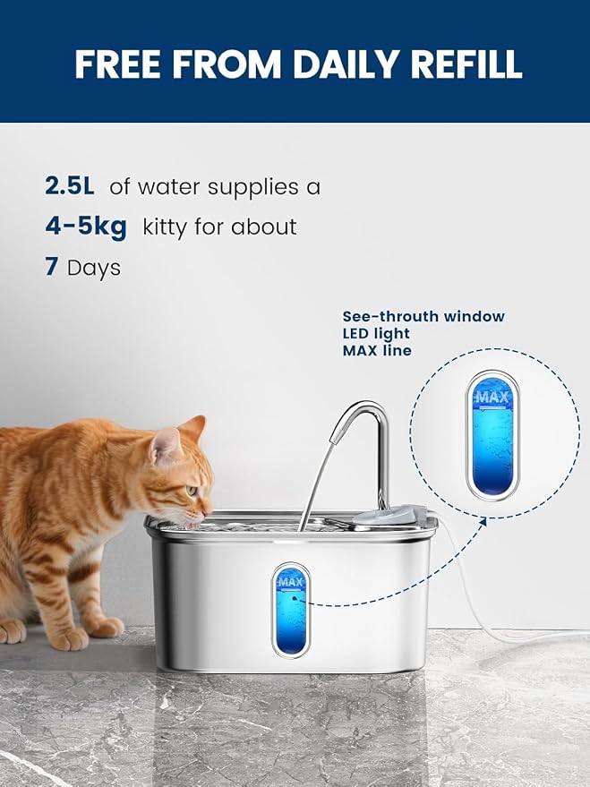 Cat Water Fountain Stainless Steel for Cats Indoor 2.5L 85oz by BPA-Free SUS304, Effective 6-Layer Filter Cat Fountain for Drinking 20dB Ultra Quiet Metal Pet Water Fountain (Fountain+4 Filters)