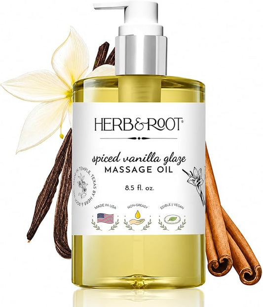 Edible Spiced Vanilla Glaze Massage Oil, 8.5 oz | Body Oil with Vanilla & Cinnamon, Made with Coconut & Sweet Almond Oils | Non-Sticky, Moisturizing, Aromatherapy Gift