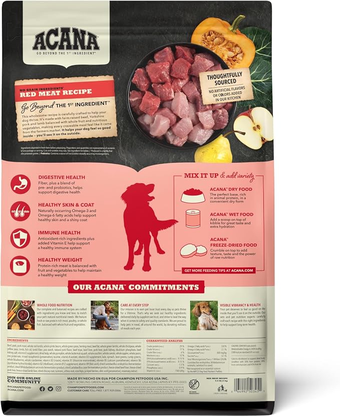 ACANA Grain Free Dry Dog Food Red Meat Recipe 25lb Bag | Freeze Dried, Grain Free, High Protein, Made in the USA, Omega-3 Fatty Acids, Digestive Health, Global Quality Ingredients