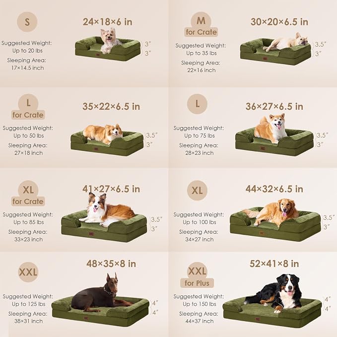EHEYCIGA Orthopedic XXL Dog Bed, Waterproof Washable XL Big Pet Bed 52" | Non-Slip Bottom and Egg-Crate Memory Foam Extra Large Pet Couch Bed with Washable Removable Cover, Olive Green