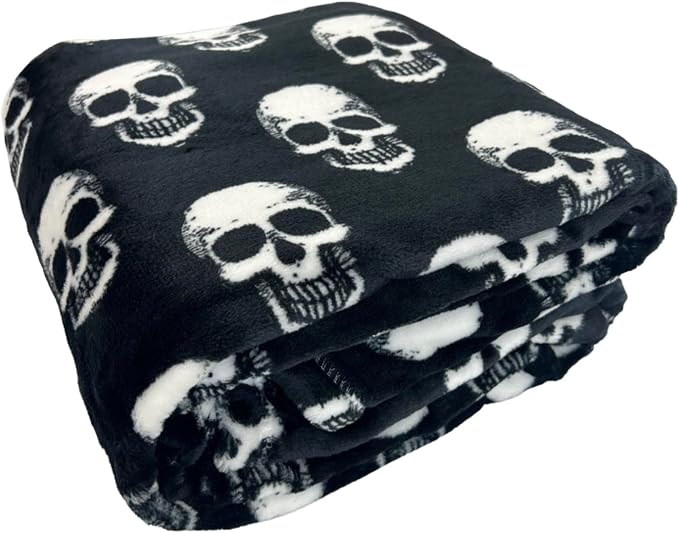 Halloween Fleece Throw Blanket, White Skulls on Black background,50x70 in | Ultra-soft cozy flannel fleece,for sofa bed couch chair & dorms, spooky Halloween décor,durable and machine washable.