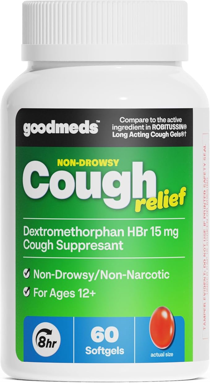 Cough Relief for Adults Softgels Dextromethorphan HBr (DXM) 15mg 8Hour, Non-Drowsy, Long-Lasting Bronchial Suppressant for Dry Cough and Chest Congestion (60 Count)