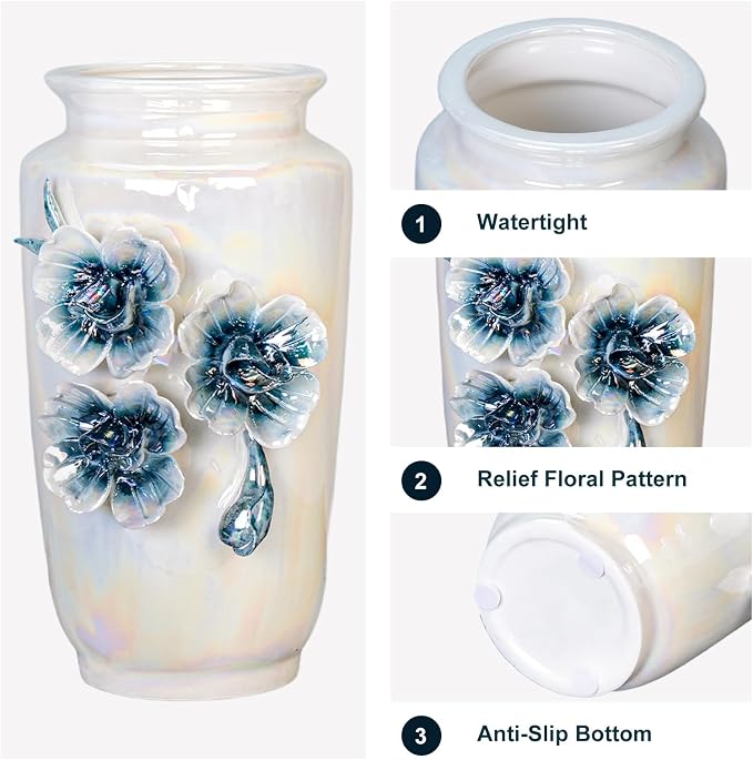 White Ceramic Vase 7 Inch - Small Modern Vase for Flowers, Boho & Farmhouse Decor for Bookshelf and Desk Decorations