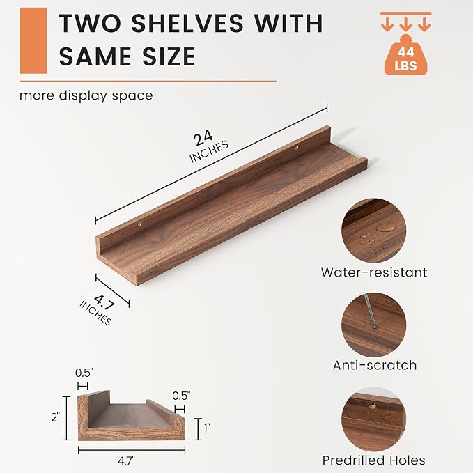 Picture Ledge Shelf, Floating Shelves for Wall, 24" W Set of 2, Walnut | FSC Certified Engineered Wood, Wall Mounted Bookshelf, for Nursery Living Room Bedroom, Pre-Drilled, Easy Install