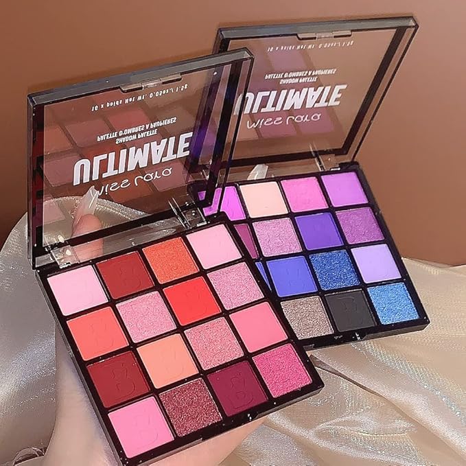 16 Colors Pink Red Matte Glitter Metallic Eye Shadow Palette, Korean Eyeshadow Palette Makeup, Pigmented Red Eyeshadow Kit for Halloween Parties, Joker Vampire Clown Makeup