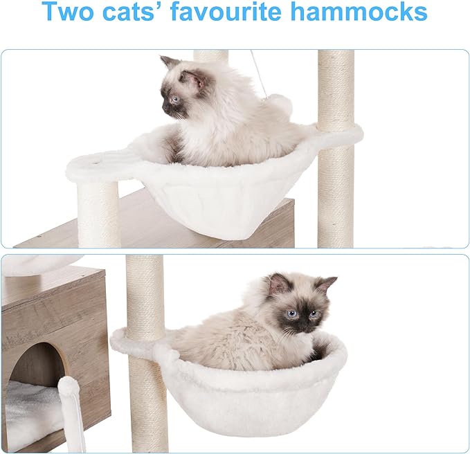 Hey-brother Cat Tree Tower, Wooden Litter Box Enclosure and Condo, MPJ115SG | 61.02 Inches Modern Cat Furniture with Large Platform, Scratching Posts, 2 Hammocks, All-in-one for Indoor Cats, Rustic Gray