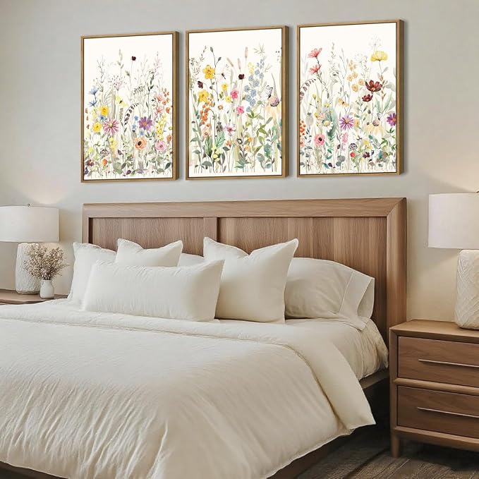 BINCUE Large Framed Floral Canvas Wall Art Colorful Wildflower Pictures Wall Decor for Living Room Bedroom Home Decor 3 Panel 16x24 Inches