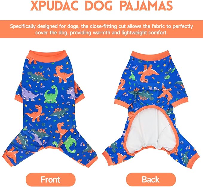 XPUDAC 2 Pack Dog Pajamas for Large Sized Dog, 4-Way Stretch Soft Dog Onesie Lightweight Warm Pet Clothes Jammies for Large Breeds Dinosaur Print, 3XL