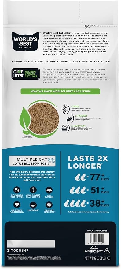 World's Best Cat Litter, Lotus Blossom Scented, Odor Control, 32 lb Bag