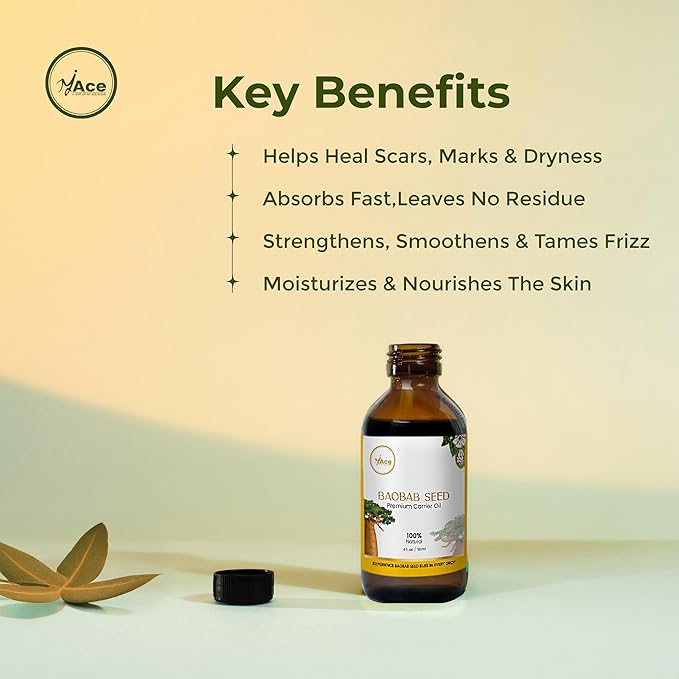My Ace Baobab Seed Carrier Oil | 100% Pure Cold Pressed Unrefined Premium Oil for Hair Growth, Skin & Face Care, Body Massage & Aromatherapy – 4 fl oz