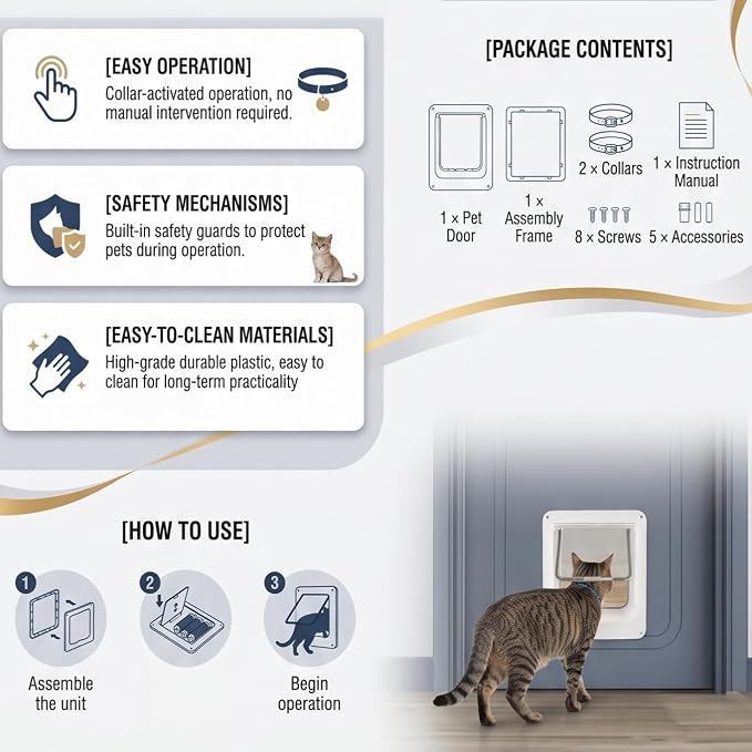 GLOGLOW Automatic Cat Door Interior Door, Smart Pet Access with Electronic Flap, Collar Activated and Secure Locking for Cats and Dogs, 10.24x11.61in Size
