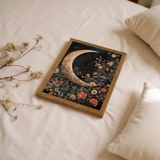 JLTULT Floral Moon Wall Art, Gothic Botanical Framed Canvas, 8 x 10 In | Dark floral moon art on fade-resistant canvas with a ready-to-hang wood frame for bedrooms, living rooms and bathrooms