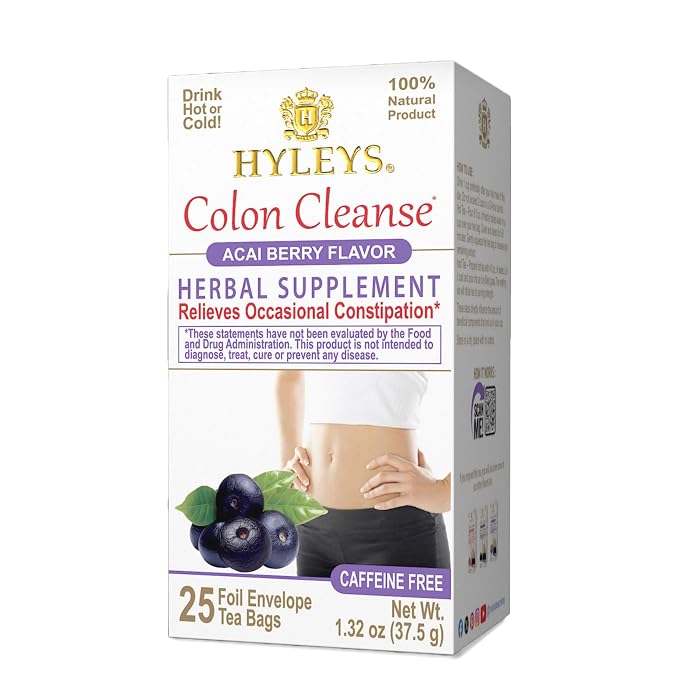 HYLEYS Colon Cleanse Tea, Acai Berry Flavor - 150 Individually Wrapped Herbal Tea Bags (6 Pack of 25) - Caffeine Free, Vegan
