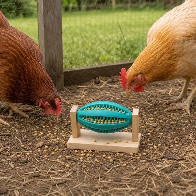 Chicken Treat Dispenser Toy for Coop and Run, 5.5 in Rotating Treat Ball with Wooden Stand, Slow Feeder Foraging Toy for Hens and Backyard Chickens